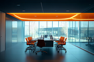 Modern conference room with orange chairs and sleek technology setup