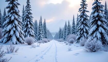 "Snow covered pine forest, tranquil and silent"