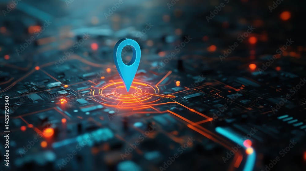 Poster 3D rendering of glowing location pin icon on digital city map with blue and orange lighting effects, surrounded by circuit patterns and abstract highway lines connecting urban structures. Concept of A