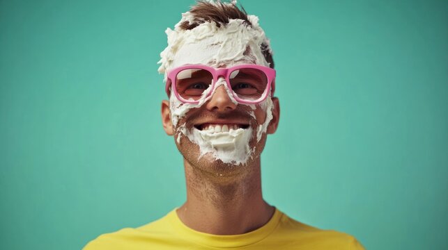 Happy man with whipped cream on face and pink sunglasses.