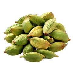 Pile of green cardamom pods on white background