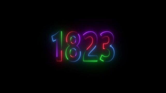 1823 neon line text. Abstract 1823 neon text animation ,For neon color Glowing neon number text background 4k video animation . 1823 title metal text on black alpha channel background.