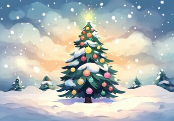 Obraz premium Snow Covered Christmas Tree in Winter Twilight Landscape