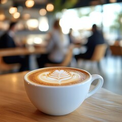 Close-up view of latte art in white cup with modern cafe ambiance and blurred business people