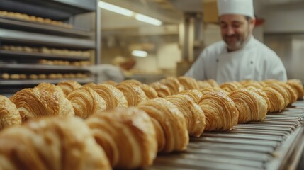 Baker inspecting freshly baked croissants on a conveyor belt in a bakery.