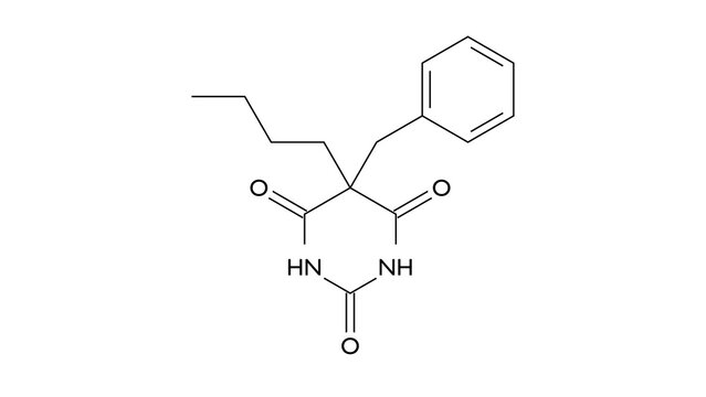 benzylbutylbarbiturate molecule, structural chemical formula, ball-and-stick model, isolated image barbiturates