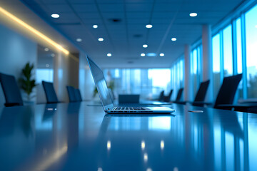 Modern office interior with open laptops and blurred background