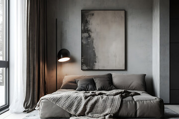 Contemporary lounge with black artistic elements, cozy neutral fabrics, and warm-toned abstract artwork on the walls