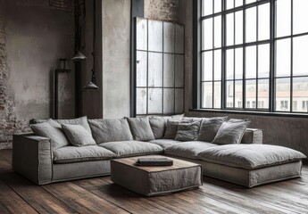 Obraz premium Spacious Loft Living Room with Gray Sectional Sofa and Large Windows