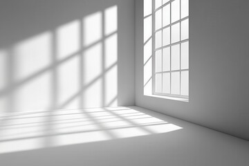 Sunlight streams through a large window in a minimalist white room, casting long shadows on the floor and walls