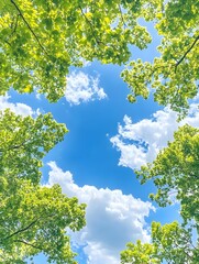 Lush green leaves frame a vibrant blue sky dotted with fluffy white clouds, viewed from below