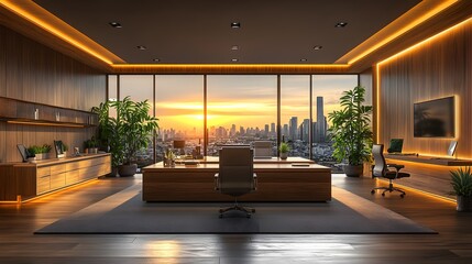 3D Rendered Sleek Modern Office Interior with Minimalist Design and Panoramic Cityscape Views Enhancing a Polished, Ambient Workspace