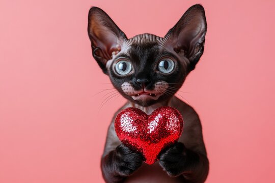 Cute peterbald kitty with sparkling rhinestones red heart - symbol of love, funny greeting card. Digital ads concept layout. Peterbald - my treasured cat. Romantic pet love photo. Fluffy cat.