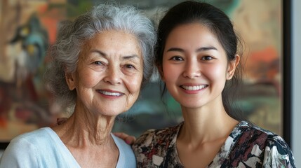 Asian granddaughter lovingly hugs elderly woman, both smiling, showcasing intergenerational familial love and deep connection.