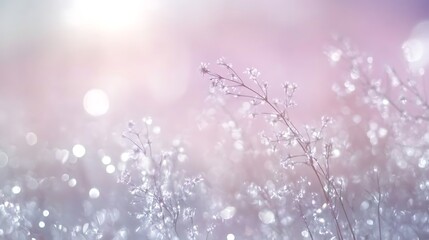 Dewkissed wildflowers with sunrise glow.
