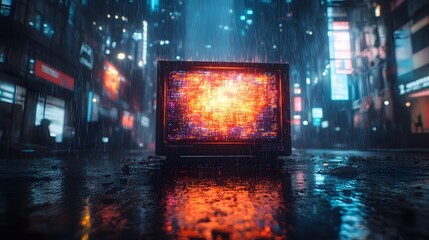 Digital Decay: A Haunting Glitched Vintage Television Set Illuminating a Forgotten Urban Street by Night