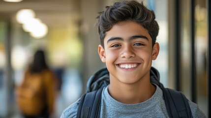 Hispanic teenager smiles brightly wearing backpack looking at camera, representing youth, future, hope.
