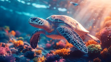 Calm Low Poly Underwater World Featuring a Graceful Sea Turtle and Radiant Coral Reefs Illuminated by Soft Sunbeams