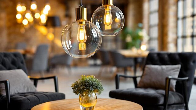 Elegant interior globe lamps, dark chairs, and inviting atmosphere