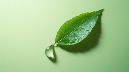 Fototapeta premium Single leaf holds water drop against green background, showcasing purity, freshness, natural essence.