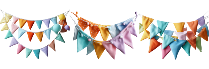 Colorful bunting decorations for events indoor fabric on transparent background