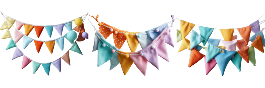 Colorful bunting decorations for events indoor fabric on transparent background