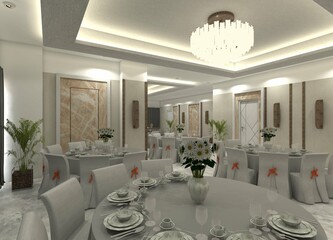 Elegant 3D restaurant dining space interior showcasing dining tables and chairs, decorative lighting, and diverse wall paneling.