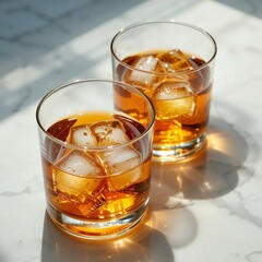 Cold, isolated shot of brown whiskey with ice rocks in a clear glass, an alcoholic beverage for parties