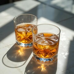 A brown liquid scotch in a short glass with ice rocks is an isolated alcoholic drink shot for the bar or party