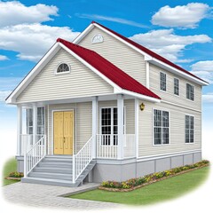 Beige Two Story House with Red Roof and Yellow Door