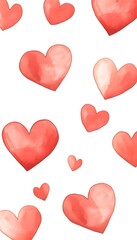 Watercolor hearts, various sizes, scattered on white background
