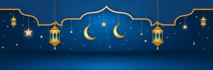 Naklejka premium Mesmerizing Ramadan Background with Deep Blue Gradient Islamic Ornaments Golden Lanterns Soft Glowing Crescent Moon Enhancing Sacred Atmosphere of the Holy Month with Elegant Minimalistic Decorations