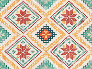 Seamless cross-stitch design with geometric hexagon background, vibrant floral motifs stitched in traditional style