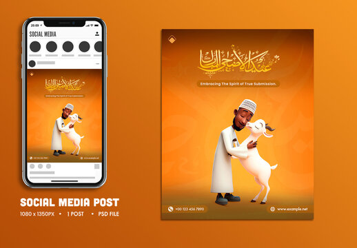 Eid ul-Adha Mubarak Editable Social Media Post with Arabic Calligraphy, 3D Illustration Muslim Man Embracing His Goat.