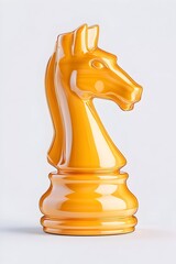 A glossy, amber-colored chess knight piece stands against a light grey background