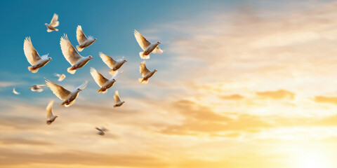 Obraz premium A serene scene of doves flying against a colorful sky at sunset, symbolizing peace and freedom.