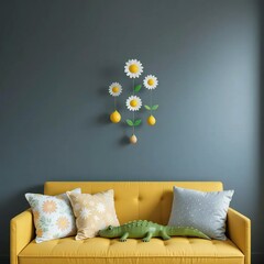 A modern living room interior features a comfortable green sofa, stylish furniture, and luxurious home decor