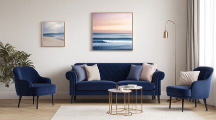 Coastal artwork complements a modern living room.