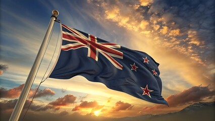 A full view of the New Zealand national flag waving proudly atop a flagpole