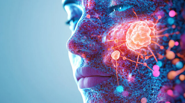 Highly detailed artistic depiction of human face with vibrant colorful glowing biological and viral elements representing health, medicine, research, and science