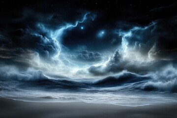 Stormy night sky over a desolate beach.  A dramatic, ethereal landscape of dark clouds, illuminated by celestial light, rests over a vast, sandy shore