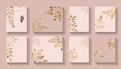 Fototapeta premium Elegant Botanical Card Templates Set with Golden Foliage and Pastel Backgrounds for Greetings Invitations and Creative Projects Watercolor Style Design Elements_