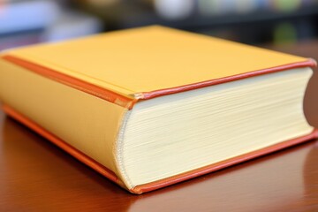 Hardcover book, light yellow, resting on a wooden surface