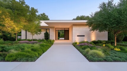 Modern minimalist house with clean lines and large windows, surrounded by lush greenery and trees, and serene residential architecture on a sunny day.
