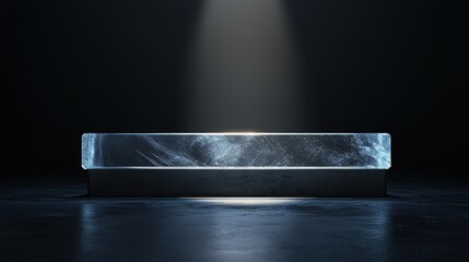 A polished crystal podium with a simple, smooth surface, softly glowing under a spotlight, placed against a black backdrop 