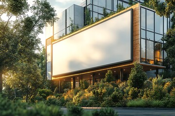 Modern building with blank billboard surrounded by greenery in a natural setting
