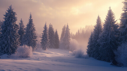 Obraz premium Serene winter landscape with snow-covered pine trees misty forest scene at sunrise showcasing cold weather and peaceful natural outdoor environment