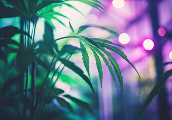 Vibrant Green Cannabis Leaves Under Purple and Pink Lighting
