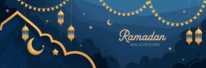 Mesmerizing Ramadan Background with Deep Blue Gradient Islamic Ornaments Golden Lanterns Soft Glowing Crescent Moon Enhancing Sacred Atmosphere of the Holy Month with Elegant Minimalistic Decorations
