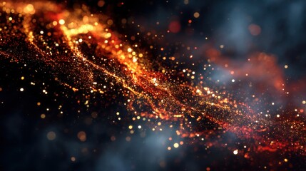 Obraz premium Abstract bokeh lights in fiery orange and gold, glittering particles. Perfect for backgrounds, festive designs, and cosmic themes.